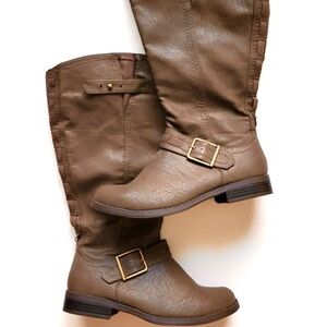 Jasmin Brown Faux Leather Wide Calf Riding Boots with Buckles NWOT